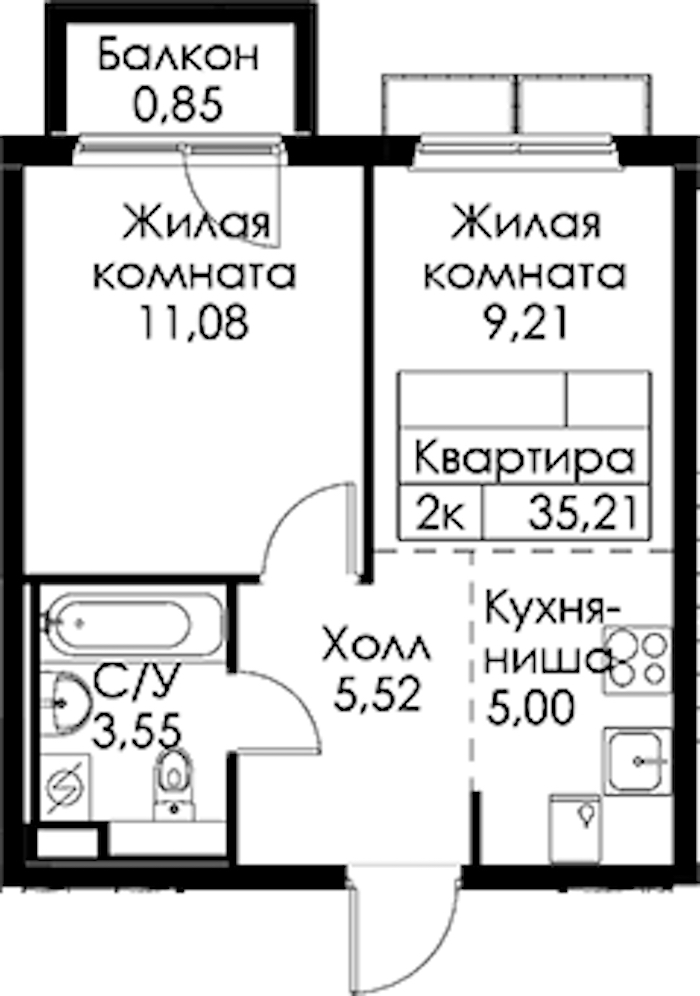 1-комнатная квартира 35.21 м², 7/15 эт., ЖК «Янинский лес»